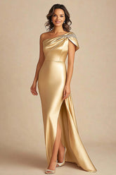 One Shoulder Sheath Gold Long Formal Dress With Slit